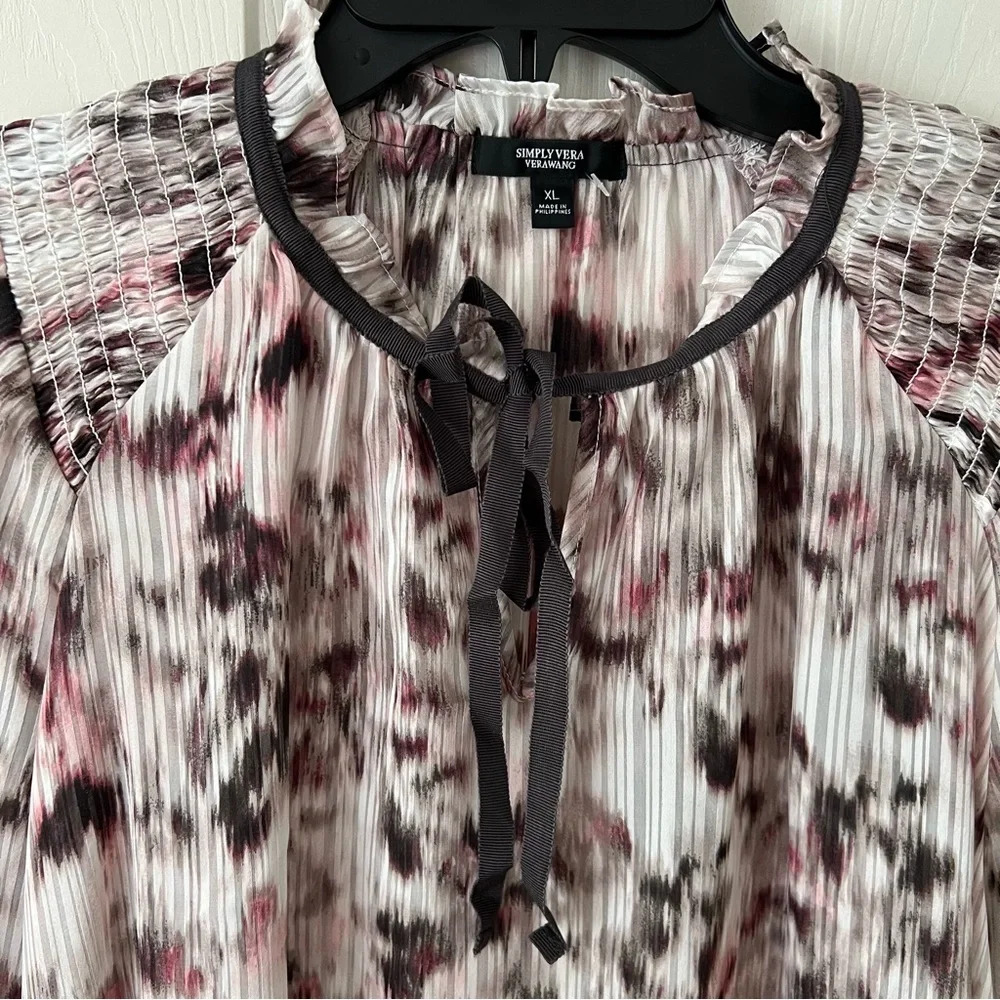 SIMPLYVERA Vera Wang Smocked Watercolor Chiffon Long Sleeves Tie Front Blouse XL - Picture 7 of 15